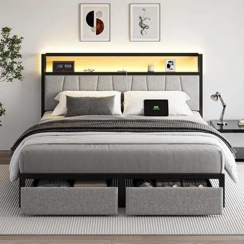 Vista 9 de CIKUNASI Base de cama tamaño Queen con cabecero y cajones de almacenamiento, base de cama con estación de carga de almacenamiento, marco de cama