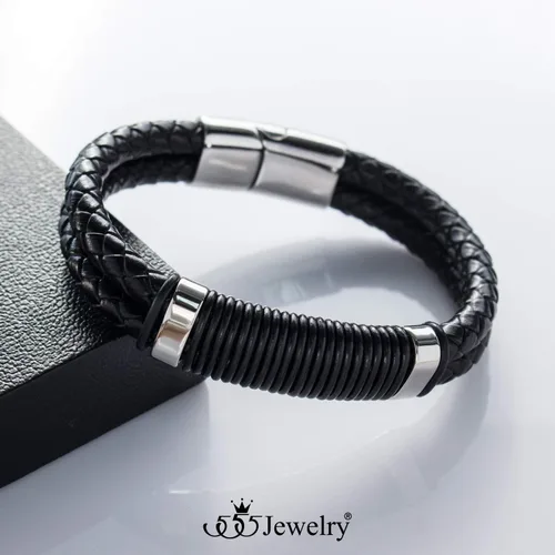 Vista 4 de 555Jewelry Pulsera de bloqueo de diapositivas de cuero trenzado doble de acero inoxidable