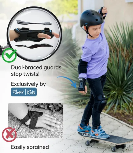 Vista 4 de Rodilleras y coderas con protectores de muñeca Simply Kids, tecnología HardSoft. Juego de equipo de protección certificado CPSIA. Rodilleras