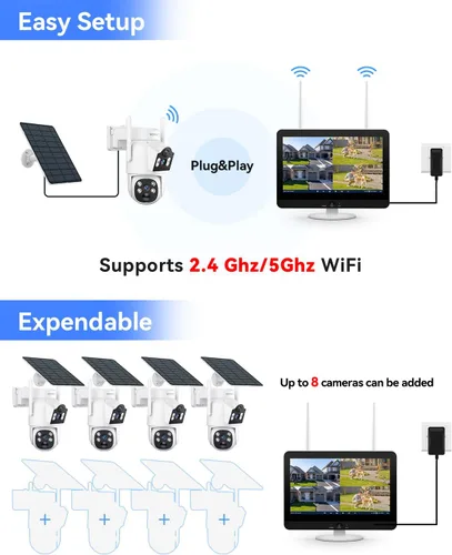 Vista 7 de Cámara solar inalámbrica para exteriores, 2 cámaras solares de doble lente de 4MP+ 4MP para sistema de seguridad del hogar con monitor de 12