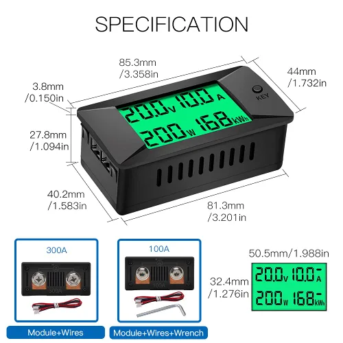 Vista 7 de Medidor Monitor de Batería Multifunción DC, 0-300V, 0-100A Shunt Incorporado, Ampliamente Aplicado a Baterías de RV/Coche de 12V/24V/48V, Pantalla