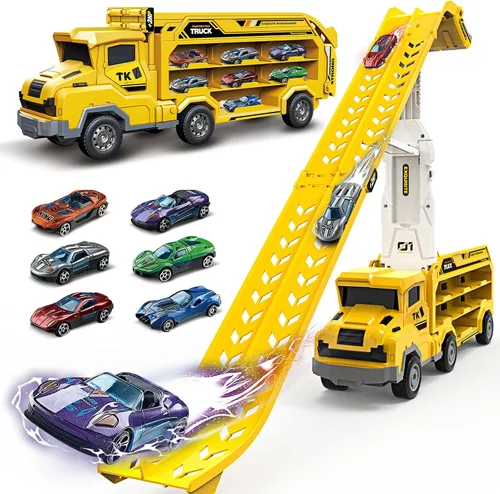 Vista 8 de Juguetes de camión para niños pequeños, camión transportador de automóvil de juguete para niños de 3 a 5 4 a 8 años, juegos de pista de autos Naranja