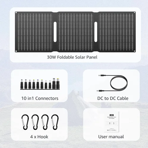 Vista 8 de Cargador de panel solar portátil de 30 W, kit de panel solar plegable con salida DC/USB C/USB A para banco de energía, estación de teléfono