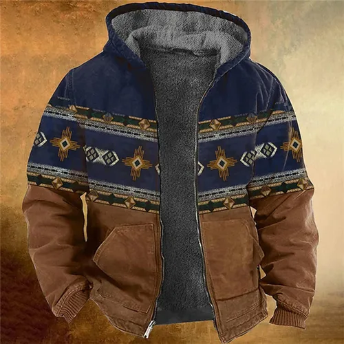 Vista 2 de mrcmuu Chaqueta azteca para hombre, talla grande, abrigo con forro de sherpa, cremallera completa, abrigo, con estampado azteca occidental