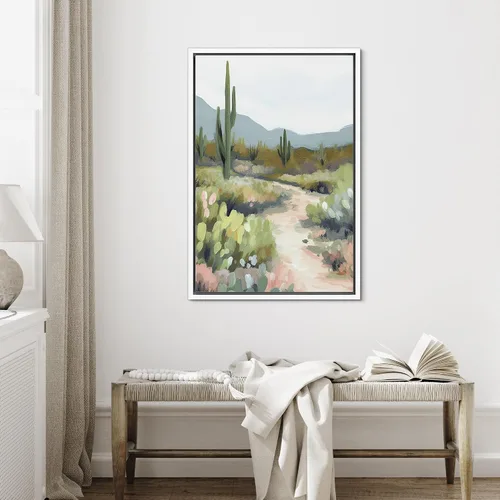 Vista 3 de SIGNFORD Lienzo enmarcado para pared, camino del desierto con cactus, naturaleza silvestre, ilustraciones modernas, arte decorativo, rústico