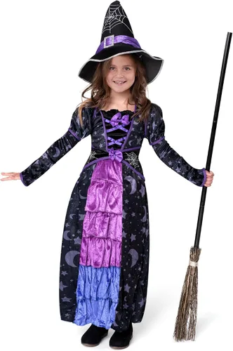 Vista 3 de Spooktacular Creations - Disfraz de bruja morado de Halloween para niña, con estrellas y luna para jugar y actuar