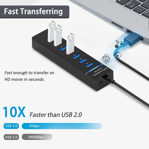 Vista 3 de Hub USB de 7 puertos para laptop, divisor USB multipuerto extensor USB para laptop, PC, MacBook, Mac Pro, Mac mini, iMac, Surface Pro y más