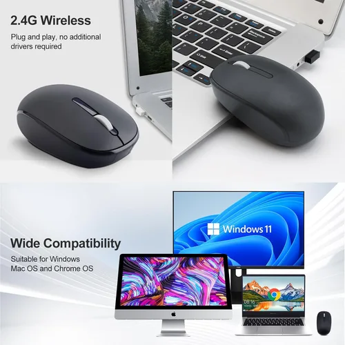 Vista 5 de Ratón inalámbrico sin sonido, ratones ópticos de 2.4 GHz con receptor nano adecuado para computadora/Windows/Mac/Chrome OS/Linux/Andriod/iOS (negro)