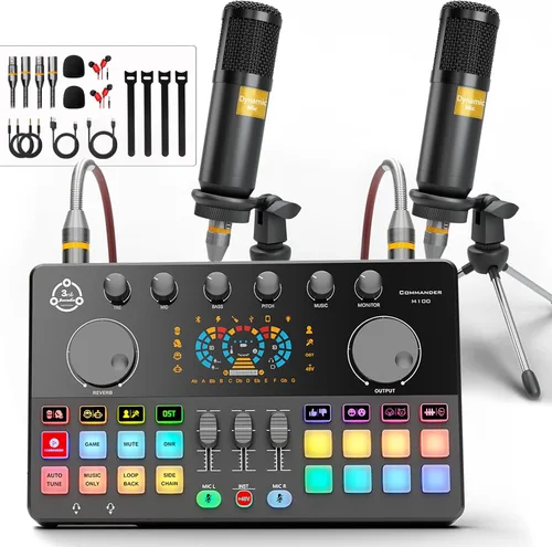 Vista 10 de Paquete de equipo de podcast, interfaz de audio RGB con micrófono de condensador de estudio de 0.138 in, soporte de trípode para PC, teléfono
