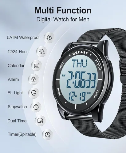 Vista 25 de Beeasy - Reloj digital de pulsera resistente al agua con cronómetro, alarma, cuenta regresiva, doble zona horaria, ultrafino, pantalla angular muy