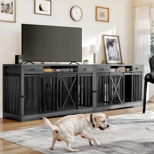 Vista 2 de DWVO Jaula Doble para Perros de 63 Pulgadas para 2 Perros, Soporte de TV de Jaula para Perros de Madera Resistente con Estación de Carga, Mueble