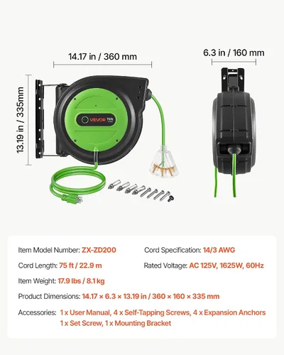 Vista 39 de VEVOR Carrete de cable de extensión retráctil de 25 pies resistente 14AWG Rojo