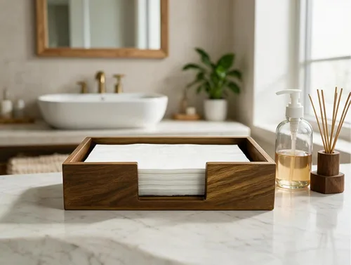Vista 2 de Servilletero de madera de acacia para baño Bandeja de papel de mano