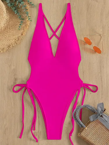 Vista 2 de SHENHE Traje de baño de una pieza con cuello en V profundo y espalda cruzada para mujer