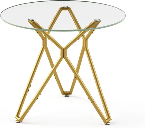 Vista 6 de Mesa de comedor redonda de 35.4 pulgadas para 4, moderna mesa de cocina de vidrio transparente para 4 personas con patas de metal dorado, mesas