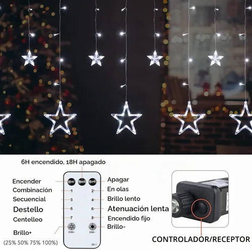 Vista 4 de Luces de Cortina de Estrellas para Dormitorio - Enchufables de 9 pies, 138 Luces LED de Hadas Centelleantes con 12 Gotas de Estrellas, Luces