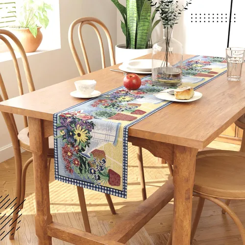 Vista 2 de Encasa XO Camino de mesa jacquard bohemio, diseño de maceta, estilo vintage, tamaño 13 x 59 pulgadas, tapiz bohemio tejido para comedor de 4 plazas