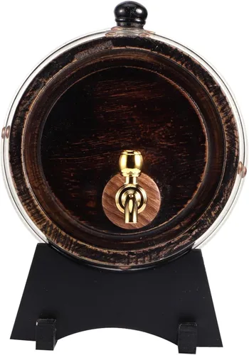 Vista 7 de Barril de whisky de madera, barril de envejecimiento de roble de 3 litros con 4 soportes y grifo, barril de vino tinto para cerveza casera
