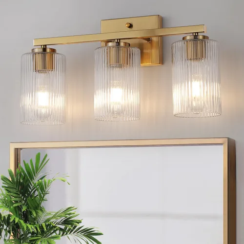 Vista 7 de 2 luces de tocador de baño de oro cepillado sobre el espejo, iluminación moderna con pantalla de vidrio texturizado, accesorios de iluminación