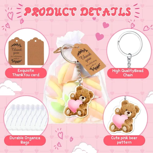Vista 4 de Wettarn Juego de 50 regalos de oso para baby shower, regalos de fiesta de baby shower, recuerdos de devolución para invitados, incluye llaveros