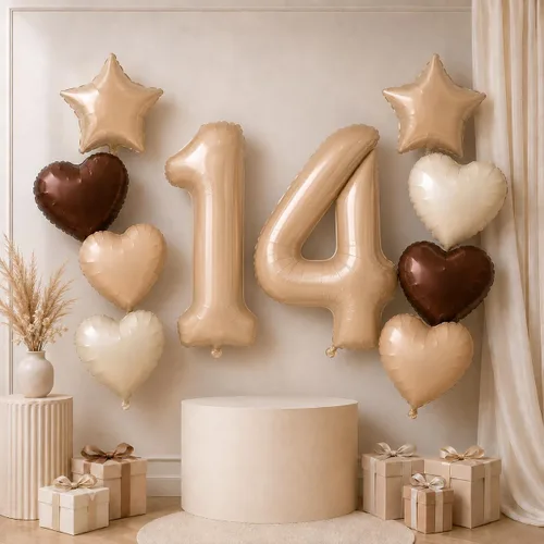 Vista 22 de Decoración de Globos Número 10 de 40 Pulgadas, Globos de Corazón Neutro de Papel de Aluminio Crema Retro Albaricoque Marrón con Globo de Helio
