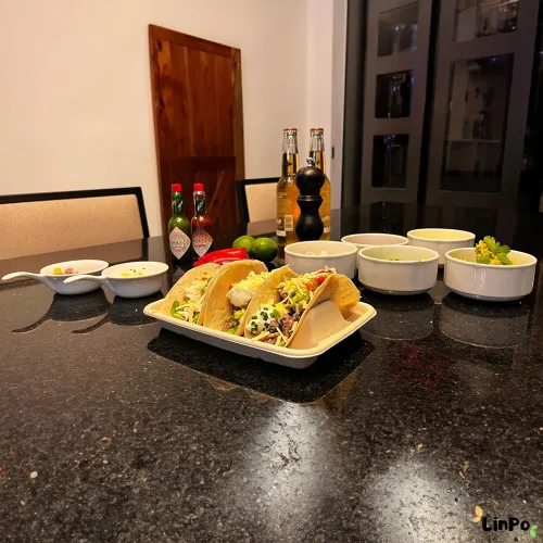 Vista 7 de Soporte desechable para tacos - Paquete de 25 platos biodegradables para tacos, kit de tacos, suministros para fiestas de tacos, bandeja de tacos