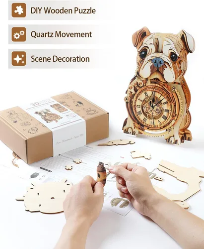 Vista 3 de Rompecabezas de madera 3D para adultos, rompecabezas 3D reloj bulldog (con péndulo) 32 piezas, rompecabezas de madera para principiantes