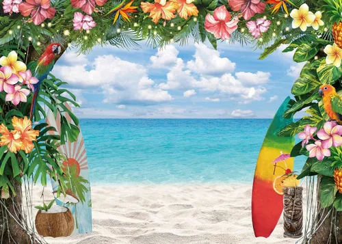 Vista 7 de Fondo de playa hawaiana para verano, flores tropicales, fondo de fotografía Luau, tabla de surf, cielo azul, hojas de palma, Aloha, decoraciones