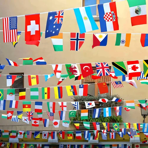 Vista 7 de Bandera de cuerda de 100 países, bandera internacional de 82 pies, decoración de bandera mundial para fiesta de la Copa del Mundo, escuela, eventos