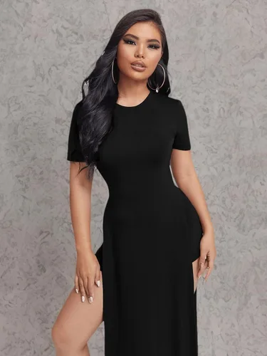 Vista 5 de Verdusa Vestido largo de manga corta con cuello redondo y corte corto para mujer