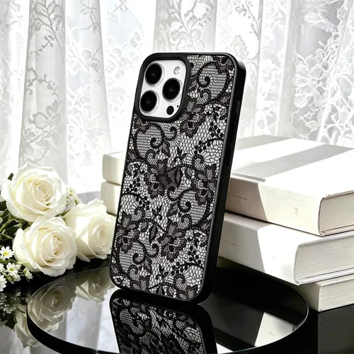 Vista 5 de NITITOP Funda para iPhone 13 Pro con flores de encaje transparente - Negro