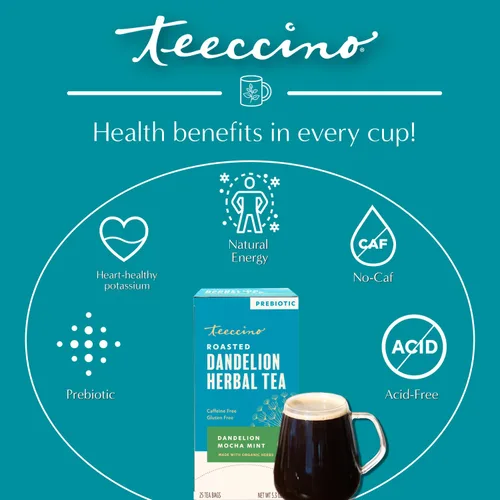 Vista 4 de Teeccino Té de menta moca con diente de león, sin cafeína, té de hierbas tostadas con prebióticos, 3 veces más hierbas que las bolsas de té