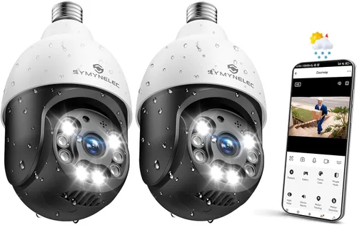 Vista 9 de SYMYNELEC Bombilla de luz para cámara de seguridad al aire libre impermeable 2.5K, enchufe de luz WiFi inalámbrico de 2.4GHz con detección de Solo