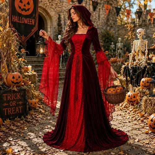 Vista 5 de BITSEACOCO Disfraz de bruja de lujo para mujer, vestido de vampiro con capucha gótico renacentista bordado vintage, vestido de cosplay Rojo vino