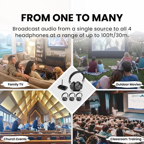 Vista 2 de Avantree Quartet 2 - Auriculares inalámbricos y transmisor de escucha grupal para TV, iglesia, aula, discotecas silenciosas, Plug & Play, sistema