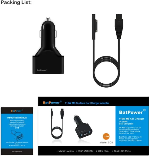 Vista 7 de BatPower CCS 110W Surface Laptop Cargador de coche compatible con Microsoft Surface Book Laptop 4 3 2 1 Surface Pro 8 X 7 6 5 4 3 Go Tablet Car