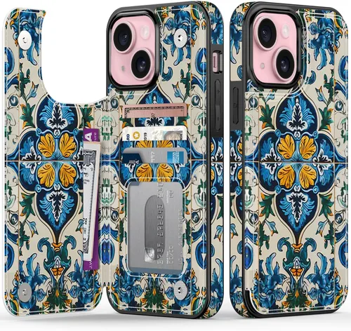 Vista 81 de FUNMIKO Funda tipo cartera para iPhone 15 con tarjetero + clip para efectivo, bloqueo RFID, protección contra caídas de grado militar y obras
