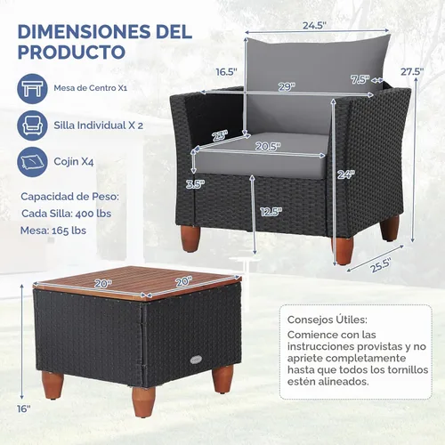 Vista 5 de ORALNER Juego de muebles de patio de 3 piezas, mesa bistró de acacia (gris)