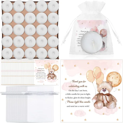 Vista 9 de Colarr Juego de 50 Velas para Baby Shower Temáticas de Oso como Recuerdos para Baby Shower, Regalos para Invitados, Incluye 50 Velas de Té, 50