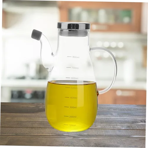 Vista 6 de Ciieeo Olla de aceite de vidrio de borosilicato con tapa de bambú a prueba de fugas y escala de medición, botella dispensadora de aceite de cocina