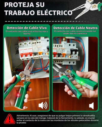 Vista 2 de Pelacables de 8 en 1, herramienta de pelado de cables con probador de voltaje, cortadores de cable con alicates, torsión, crimpadora, división
