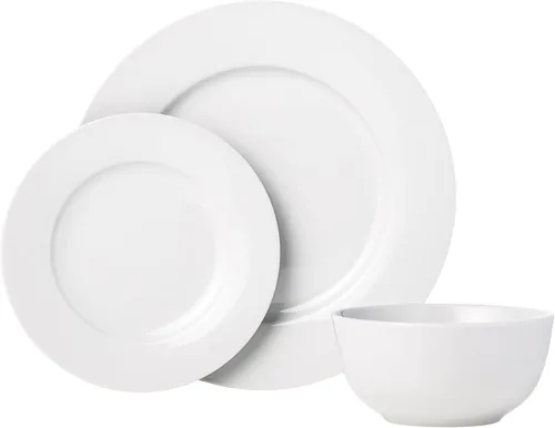 Vista 2 de Amazon Basics Juego de vajilla de cocina, apto para microondas y lavavajillas, platos, cuencos, servicio para 6, 18 piezas, color blanco