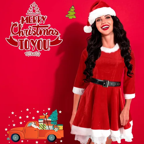 Vista 6 de Janmercy Conjunto de disfraz de Papá Noel, trajes de Navidad con vestido de terciopelocapa, medias altas hasta el muslo, guantes y sombrero de Santa