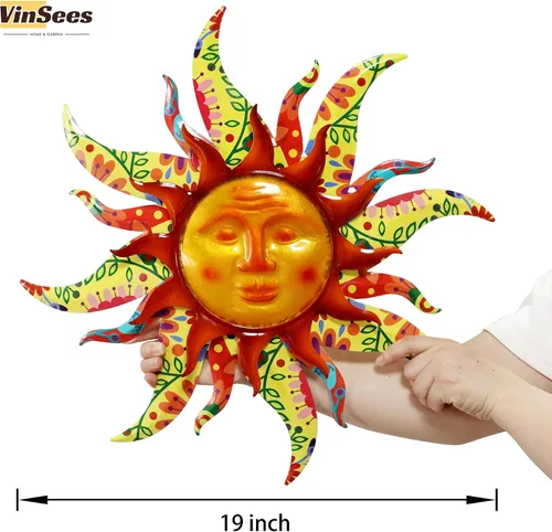 Vista 3 de Decoración de pared de sol de metal de 19 pulgadas, decoración de pared de sol de metal 3D de doble capa y vidrio para exteriores e interiores