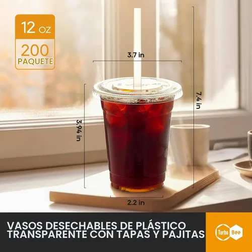 Vista 2 de Turbo Bee 200 juegos de vasos de plástico transparente de 12 onzas con tapas y pajitas, tazas de café helado desechables para llevar con tapas