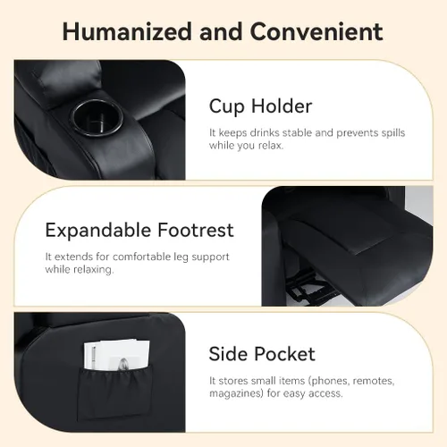 Vista 6 de COMHOMA Muebles sofá de cuero consolidado con masaje, portavasos, juego de sala de estar, silla reclinable, 3+1+1, negro
