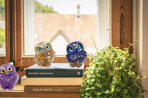 Vista 3 de DIYOMR 2 estatuas de búho de cristal hechas a mano, piedras preciosas curativas de reiki, figuras de animales de búho coloridas que atraen riqueza