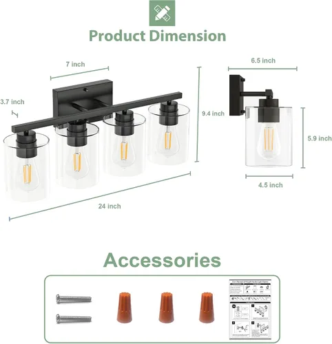Vista 6 de Honesorn Lámparas de baño de 4 luces, luz de tocador de baño, color negro mate, accesorios de iluminación modernos con pantalla de vidrio