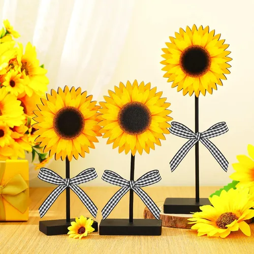Vista 7 de Geetery 3 piezas de decoración de mesa de verano de madera de girasol, decoración de mesa independiente para el hogar, cocina, mesas rústicas