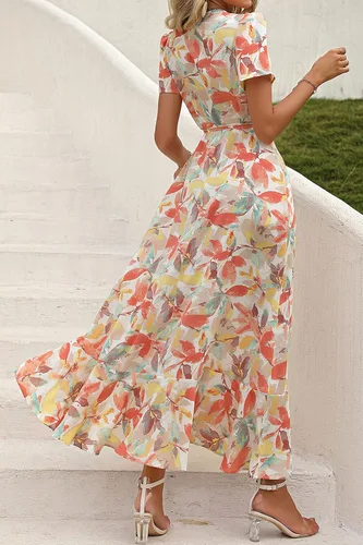 Vista 5 de PRETTYGARDEN - Vestido largo de verano cruzado para mujer, con cuello en V, estilo bohemio, floral, manga corta, dobladillo con volantes